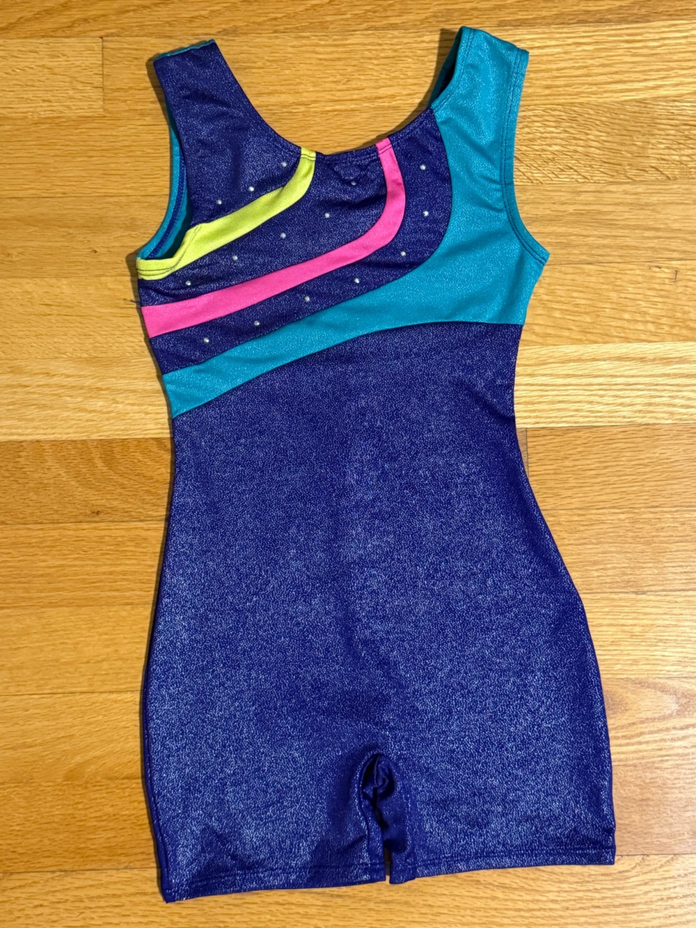 Danskin Purple Sparkle Gymnastics Leotard with Teal, Pink & Lime Accents Sz 7/8